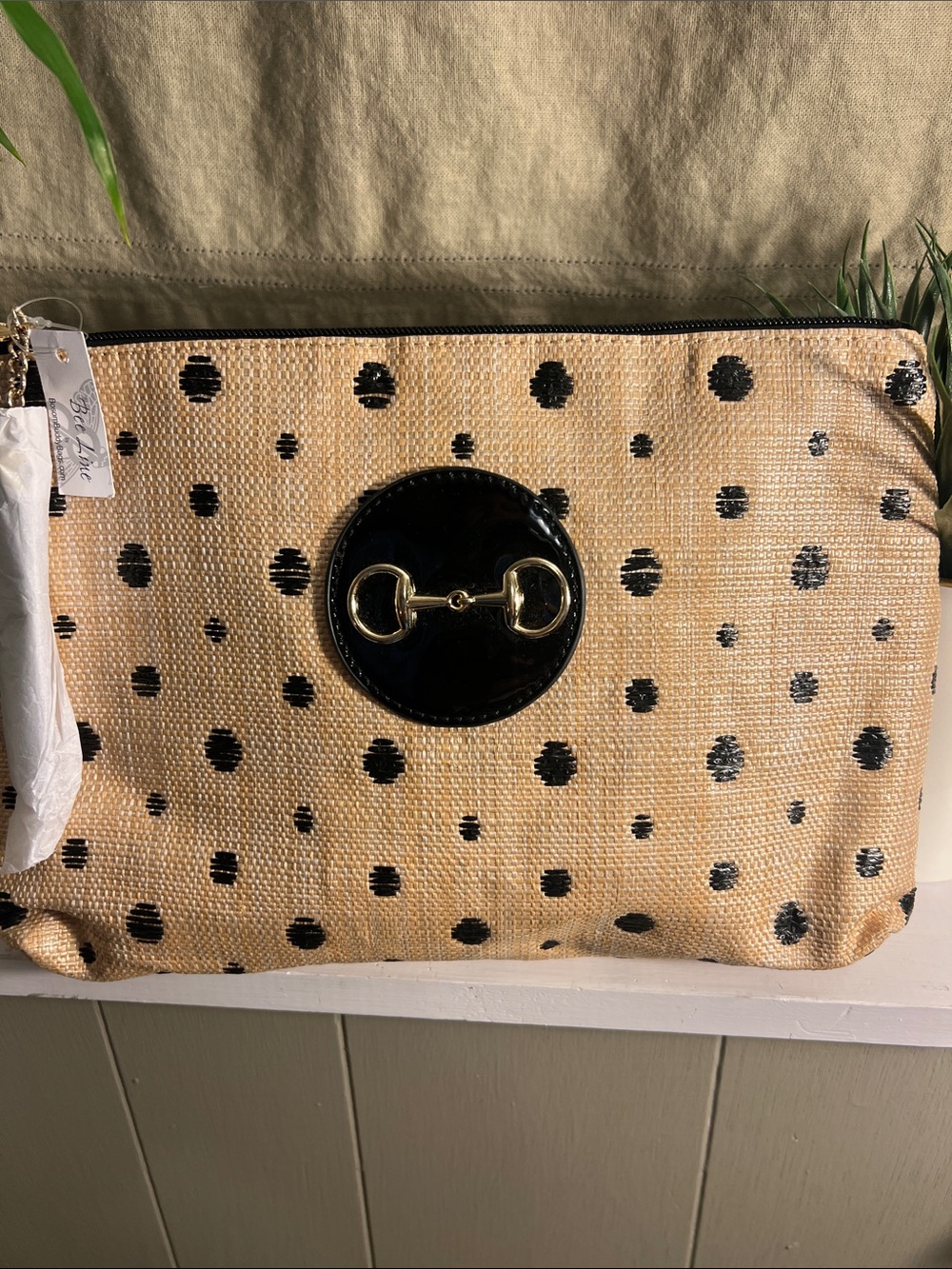 Bosom Buddy Bag Womans Polka Dot Straw Clutch w/ Rd Black Medallion and Gold Bit